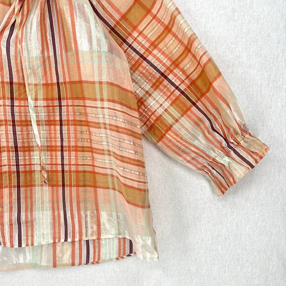MADEWELL Plaid Tie Neck Ruffle Top Womens XXS Cream Orange 3/4 Sleeve Blouse - Picture 9 of 15